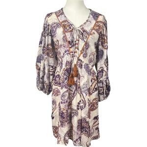 Band of the Free FP Lyonette Cream Purple Paisley Print Tassel Mini Dress Medium